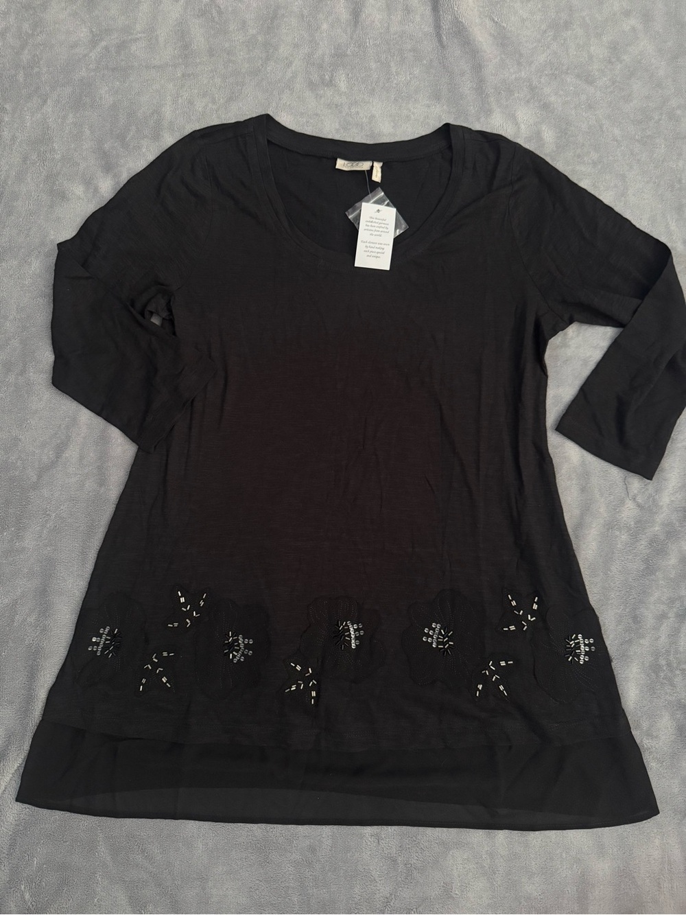 LOGO Lori Goldstein Black Floral Appliqué Beaded Chiffon Hem Tunic Top S